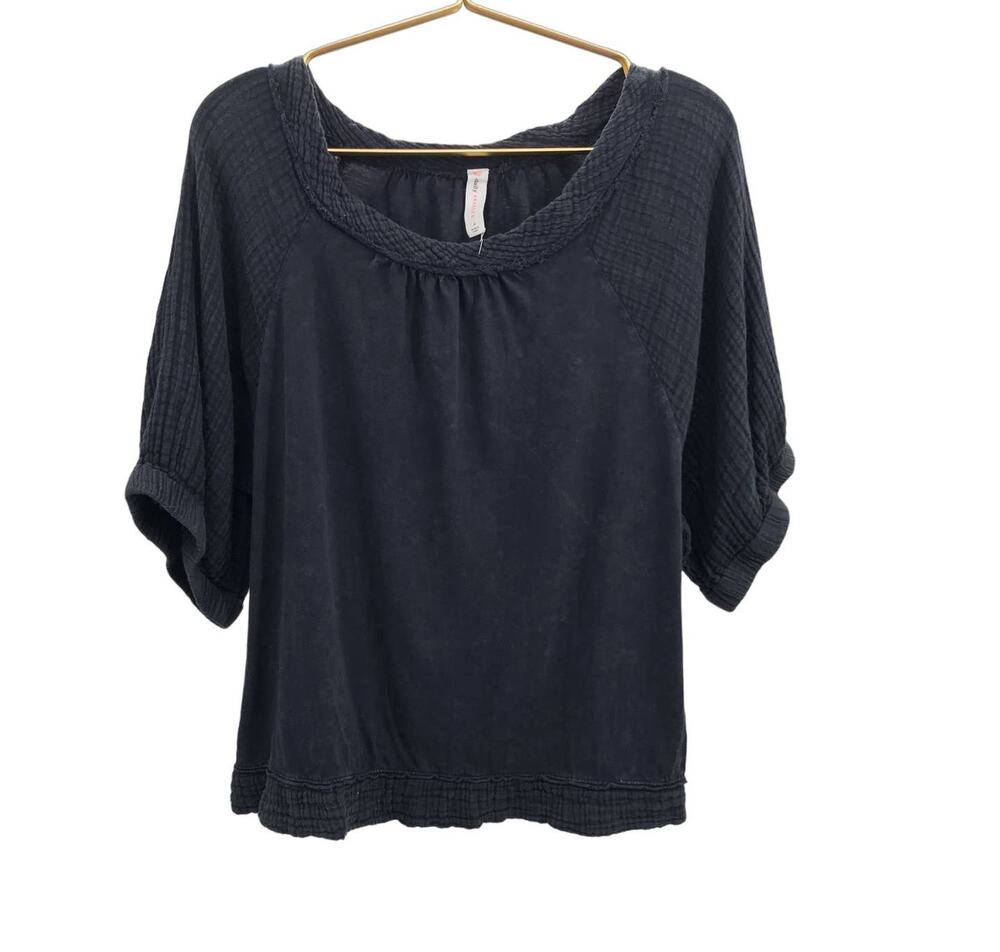 Daily Practice Anthropologie Womens Navy Blue Gauze Short Puff Sleeve Shirt S